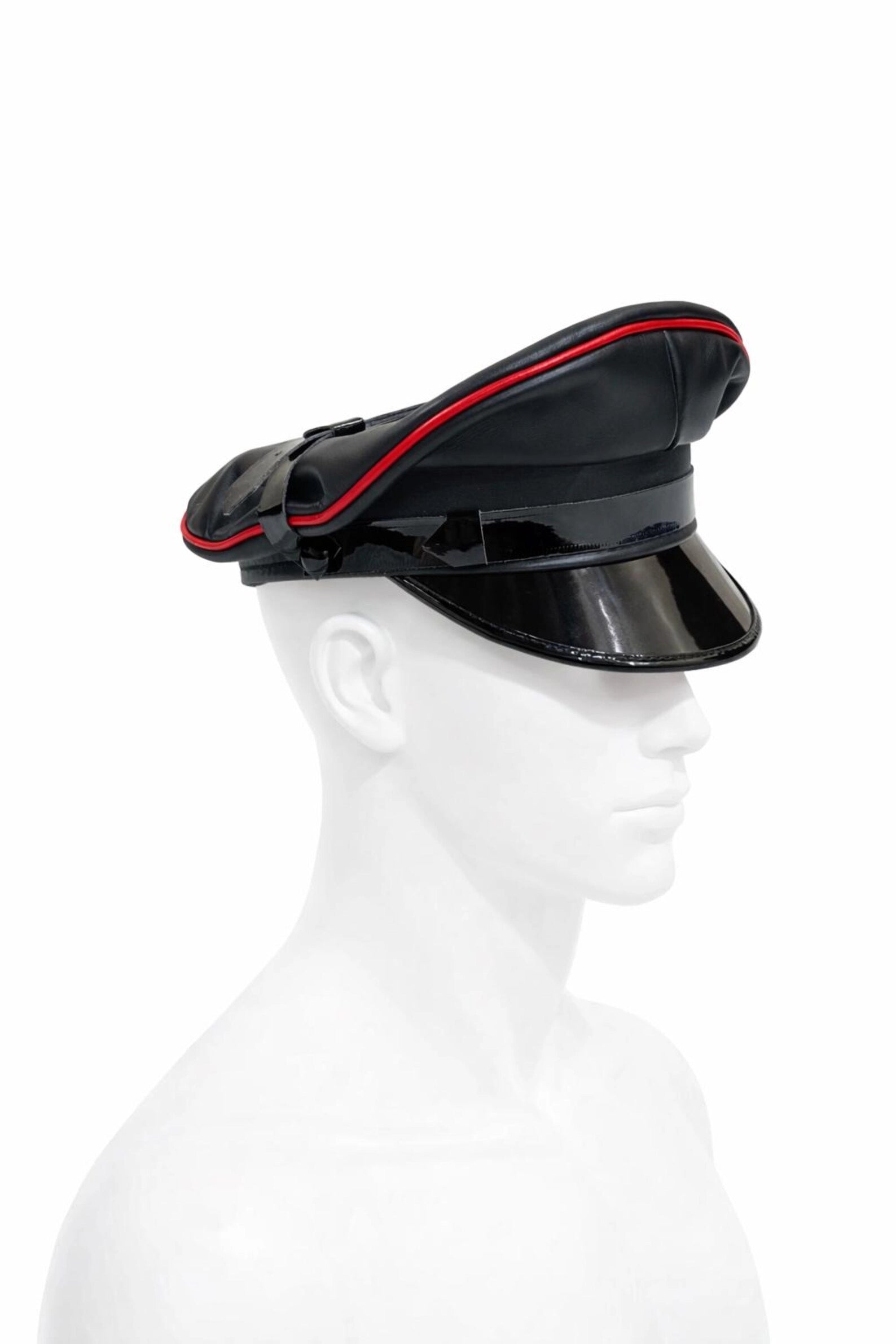Black Sheepskin Leather Peaked Cap with Red Piping