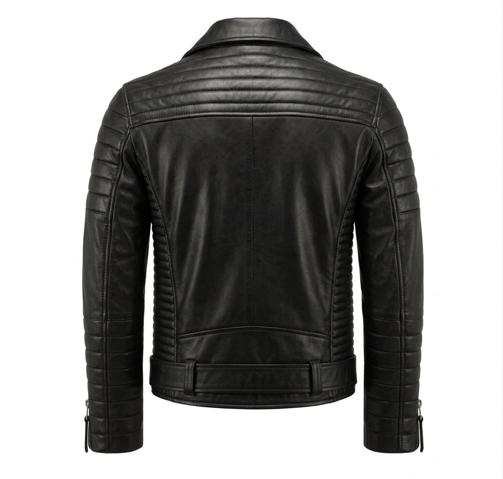 Black biker leather jacket on a white background