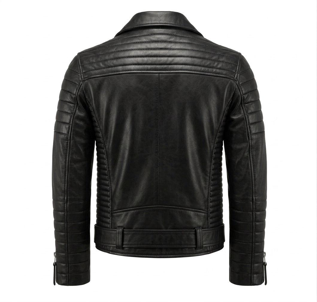 Black biker leather jacket on a white background