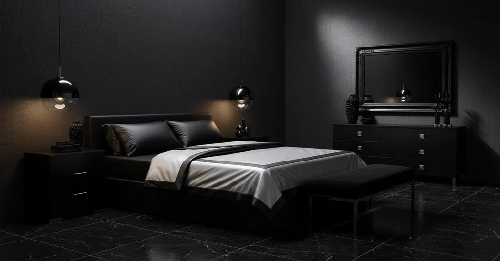 black and silver leather bed sheet set with pillow covers, front view