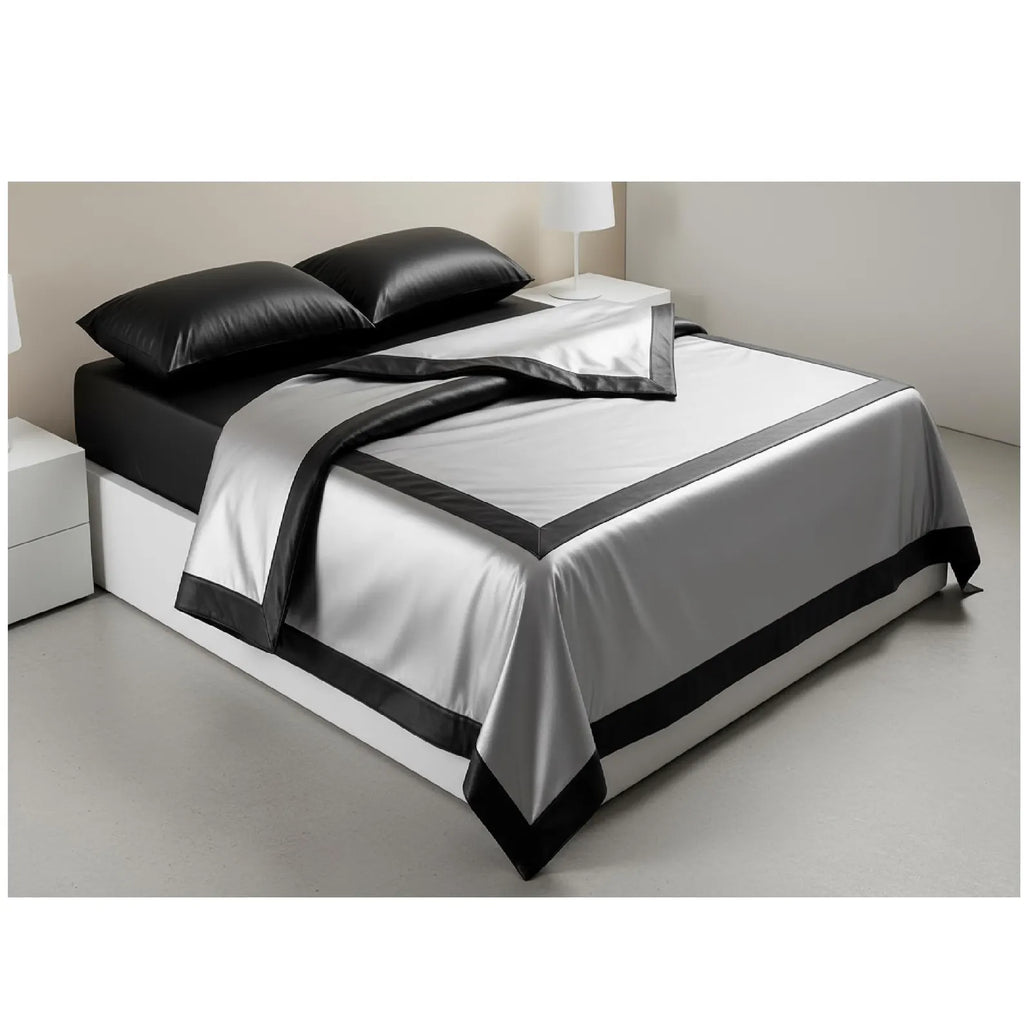 premium black silver leather bed sheet set displayed on king size bed