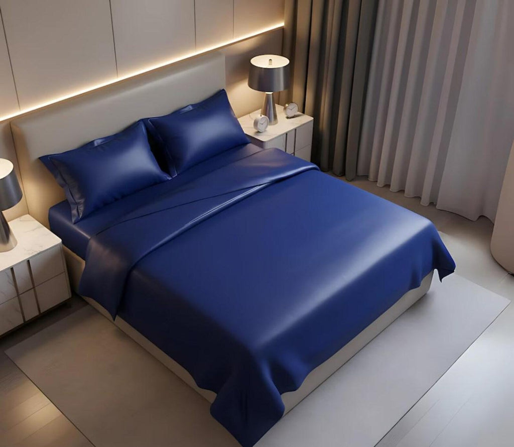 blue leather bed sheet with pillow cover