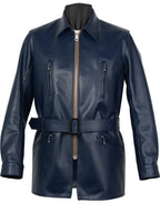 Navy leather jacket with zippers on a white background
