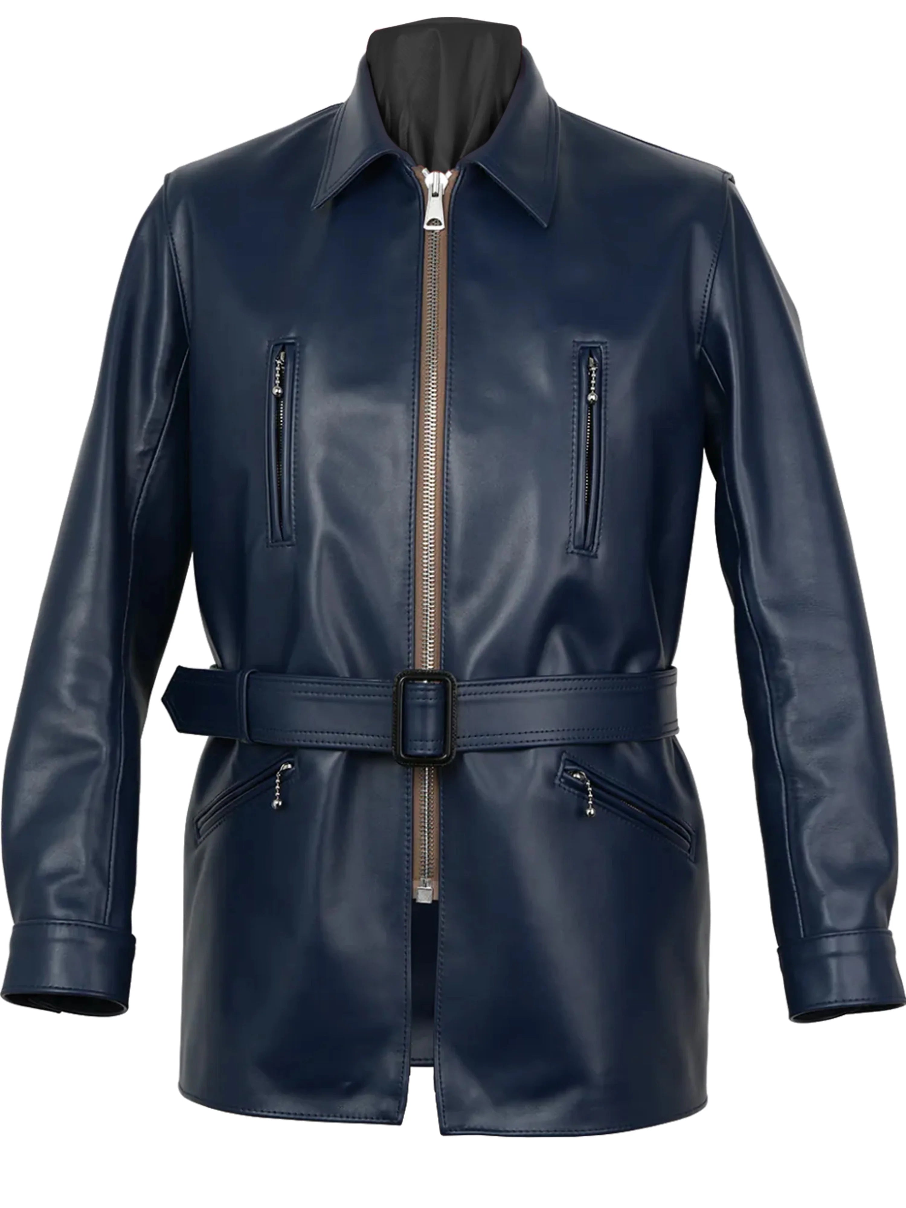 Navy leather jacket with zippers on a white background