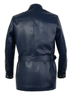 Navy leather trench coat on a white background