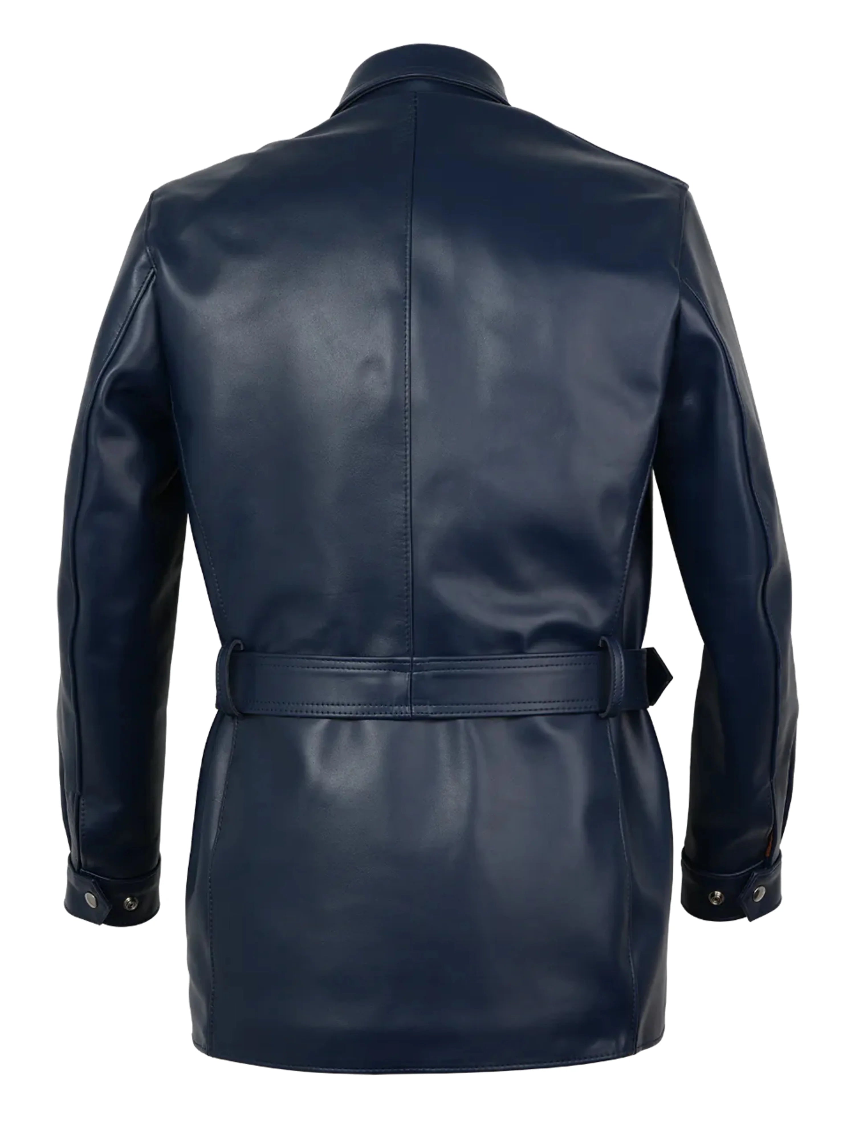 Navy leather trench coat on a white background