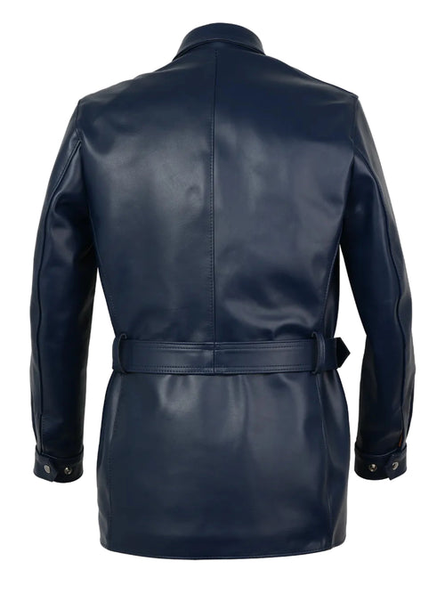 Navy leather trench coat on a white background