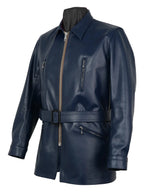 Navy leather jacket with zippers on a white background