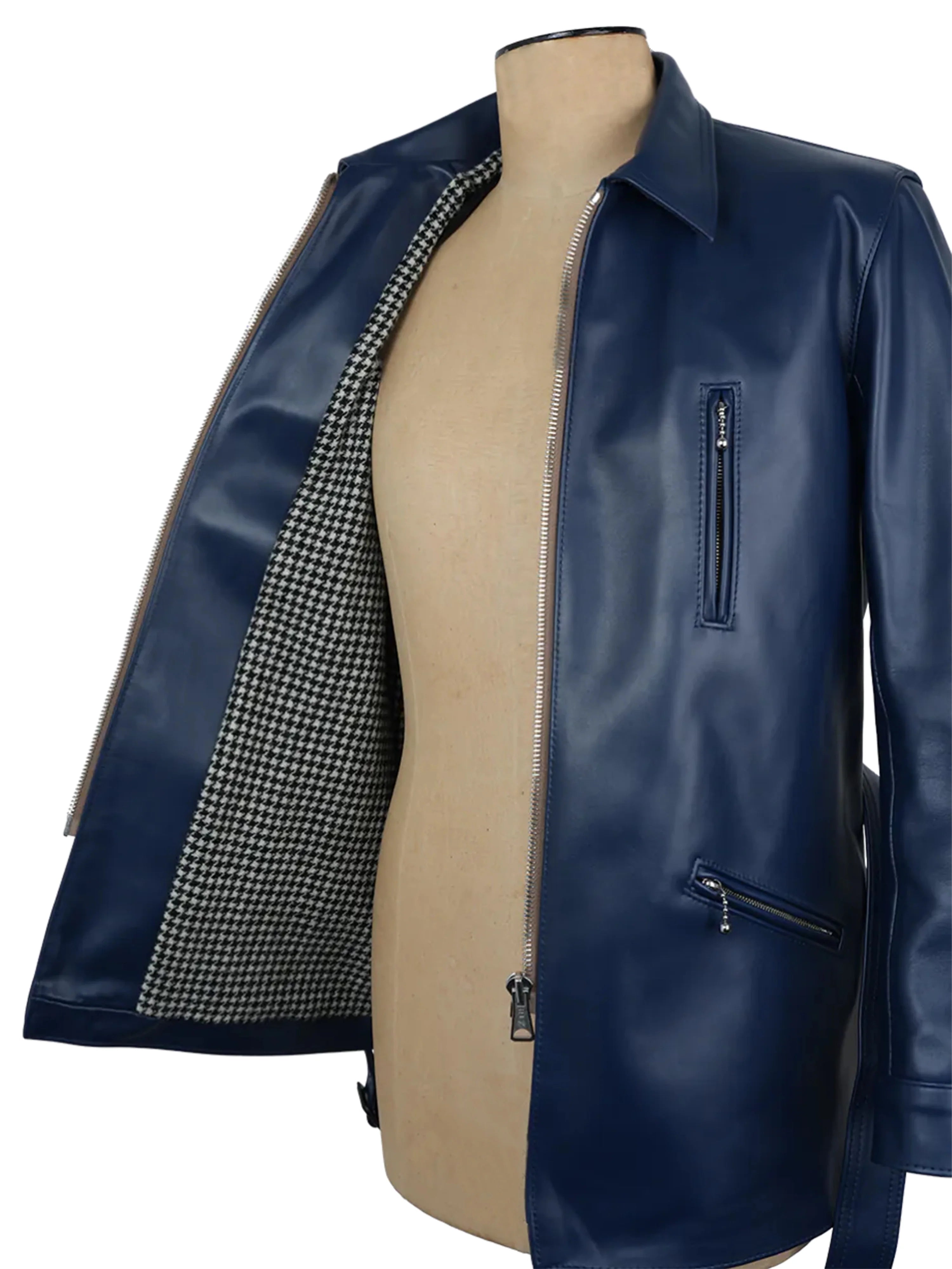 Blue leather jacket on a mannequin with a white background