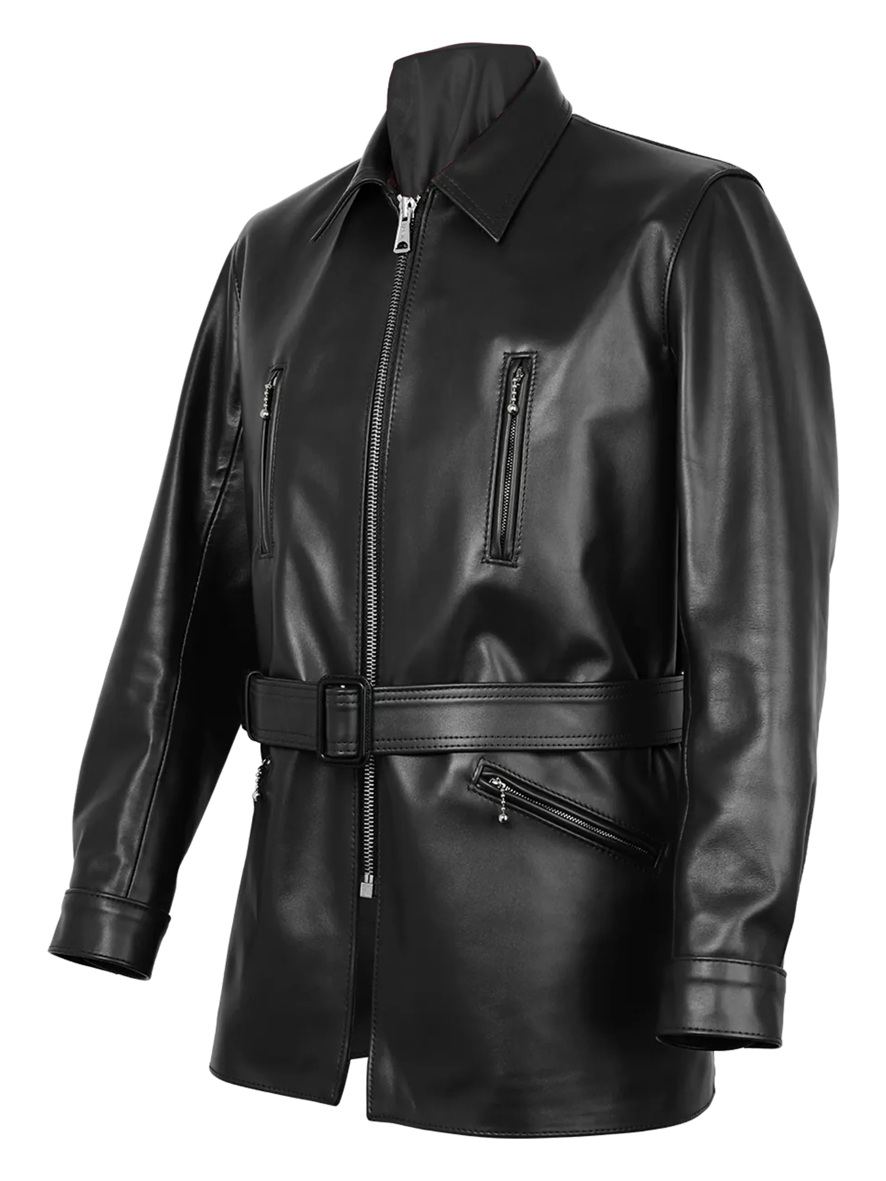 Black leather jacket with zippers on a white background