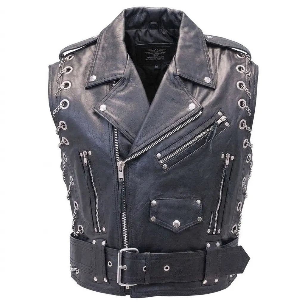 Chromed-Out Leather Motorcycle Vest for Men | Premium Biker Leather Vest