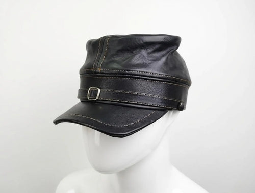 leather forage cap side profile showing sloped crown and brim detail