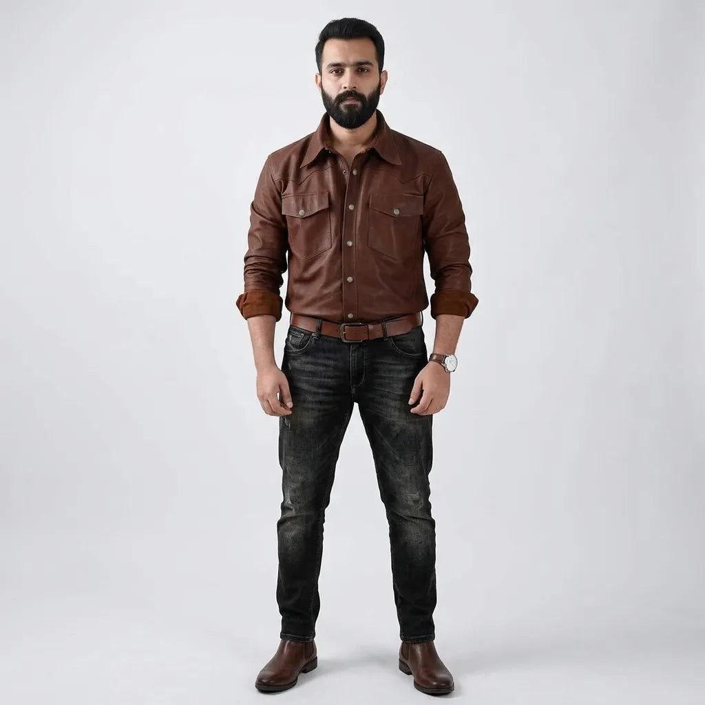 Classy Brown Leather Shirt for Men | Genuine Leather Stylish Shirt