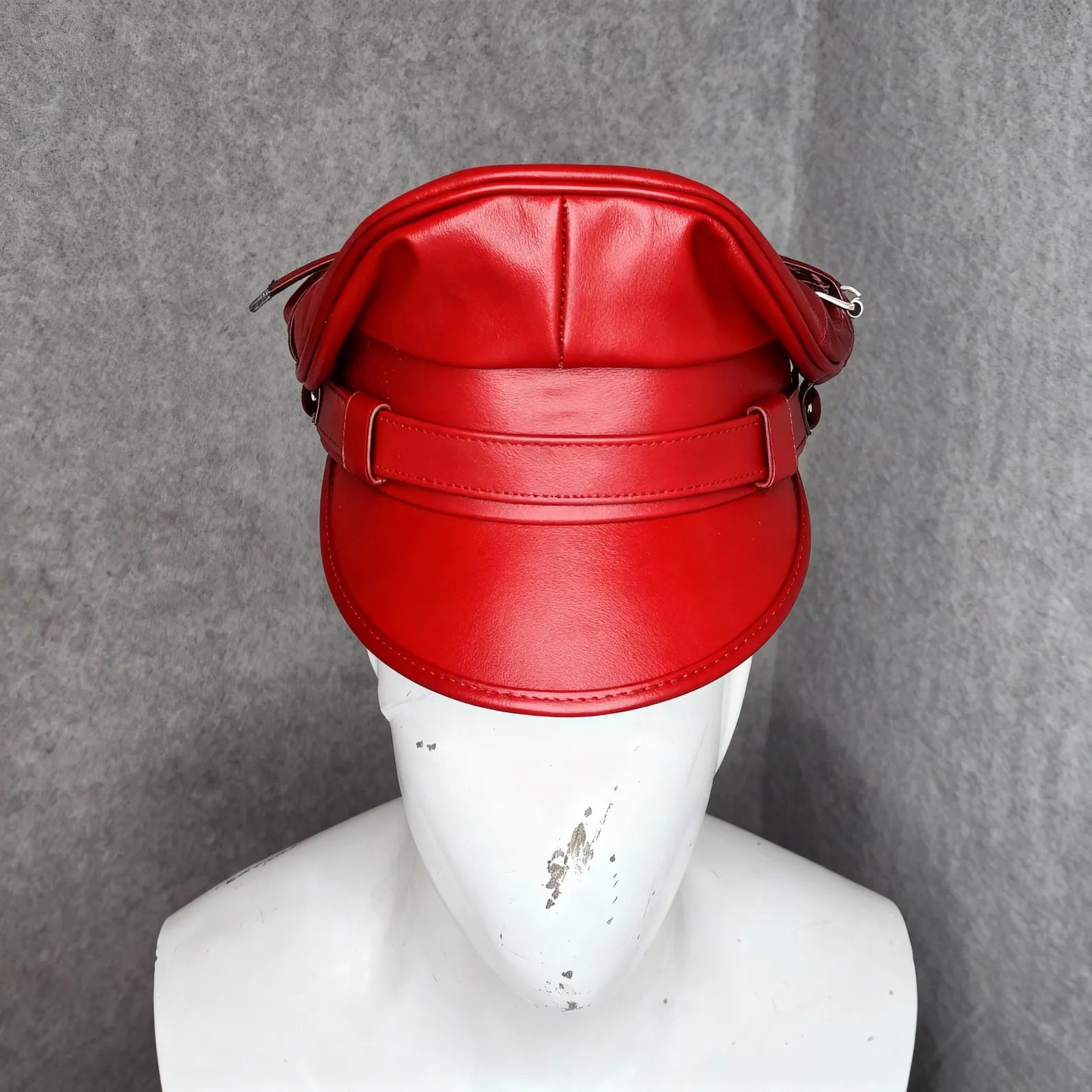 Genuine Sheepskin Red Leather Biker Cap
