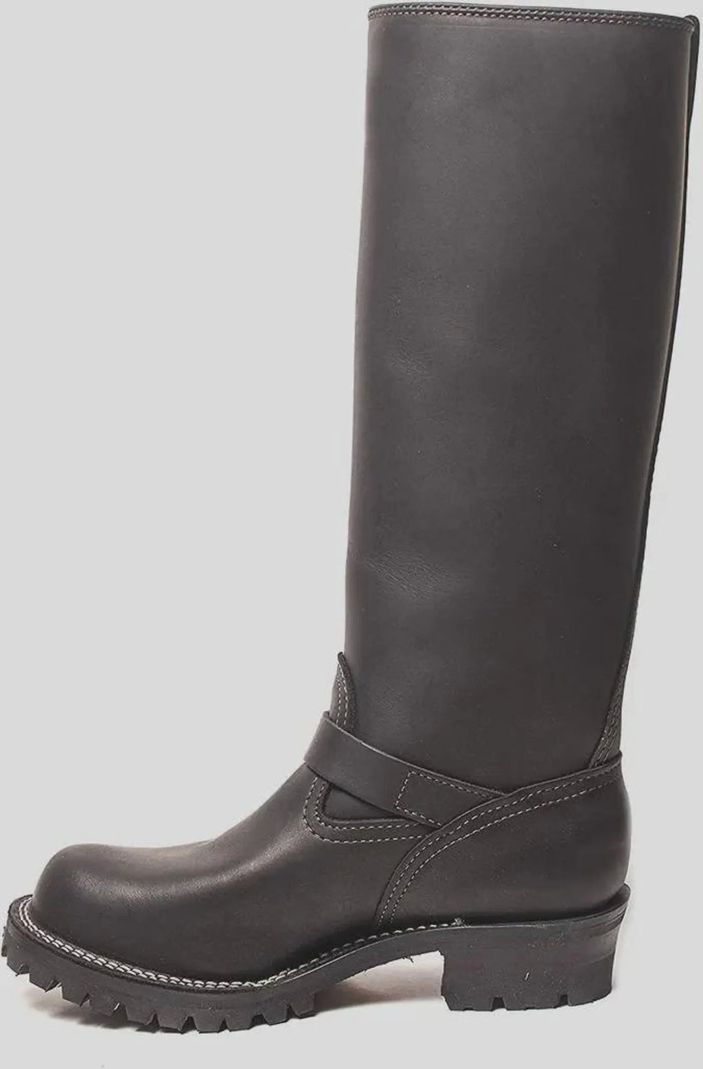 Double Strap Leather Biker Boots knee-high on a light gray background