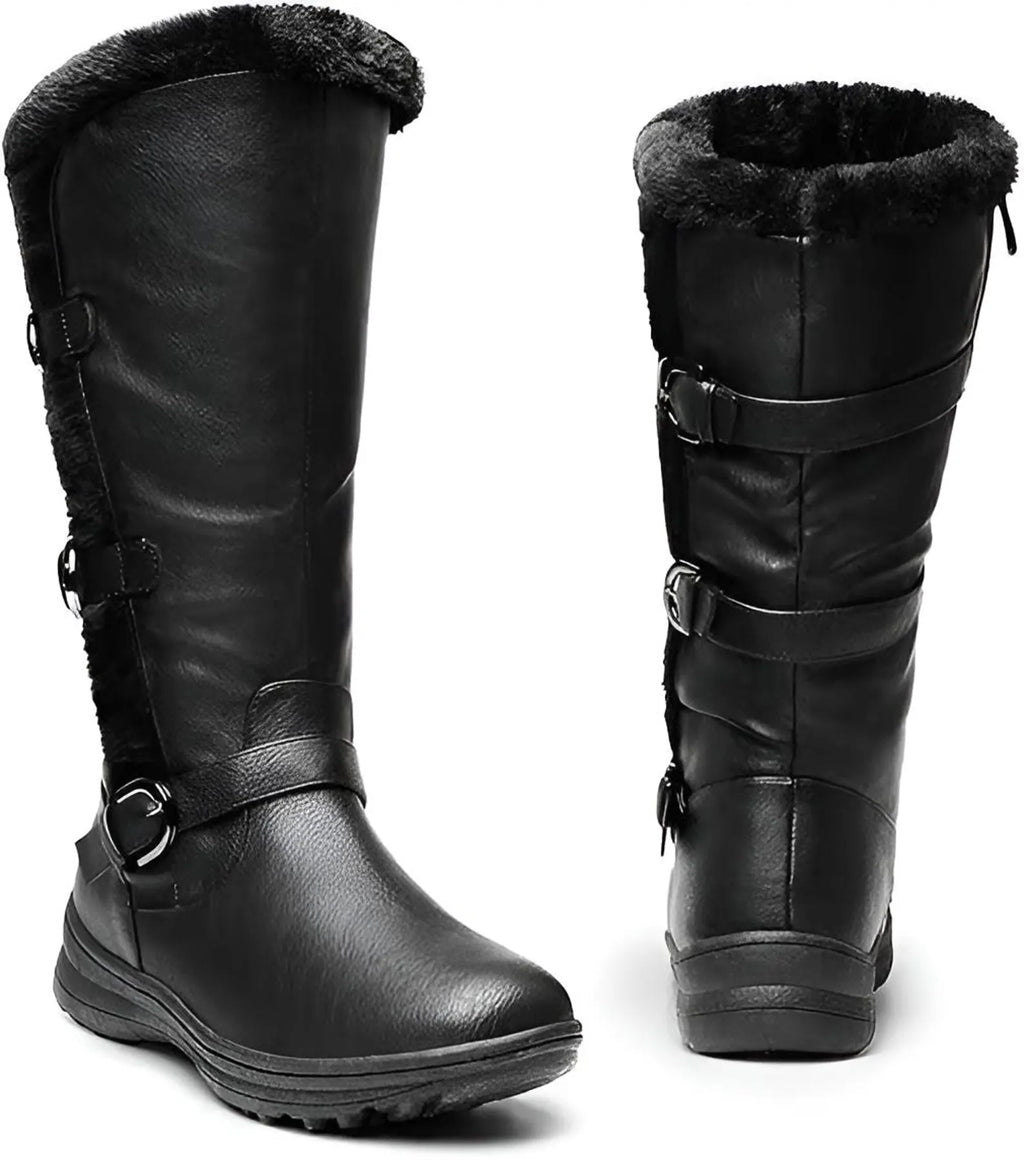 Pair of black German Officer Leather winter boots with fur lining on a white background