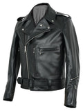 Black bronx leather jacket with zippers and a belt on a white background