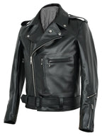 Black bronx leather jacket with zippers and a belt on a white background