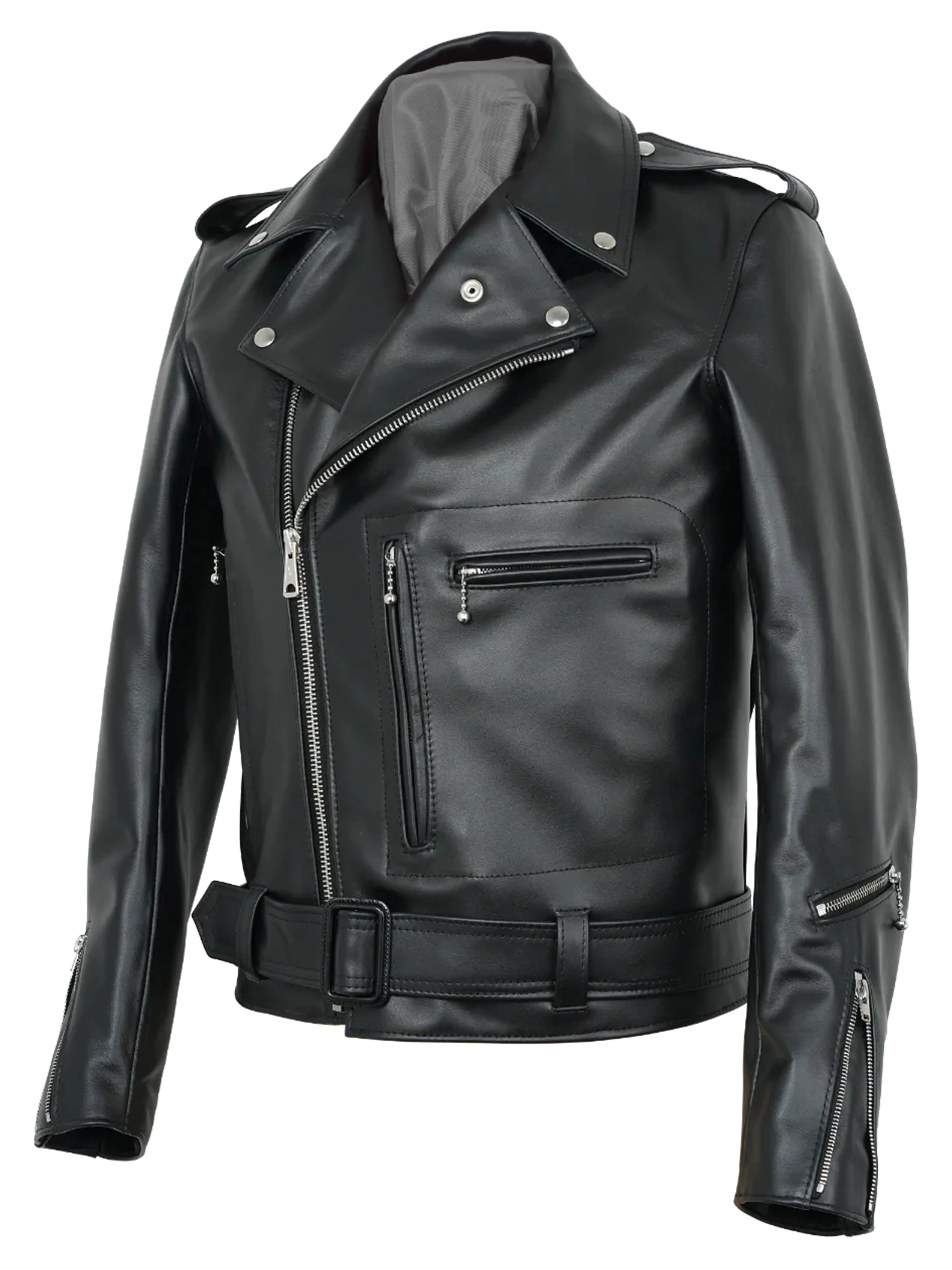 Black bronx leather jacket with zippers and a belt on a white background