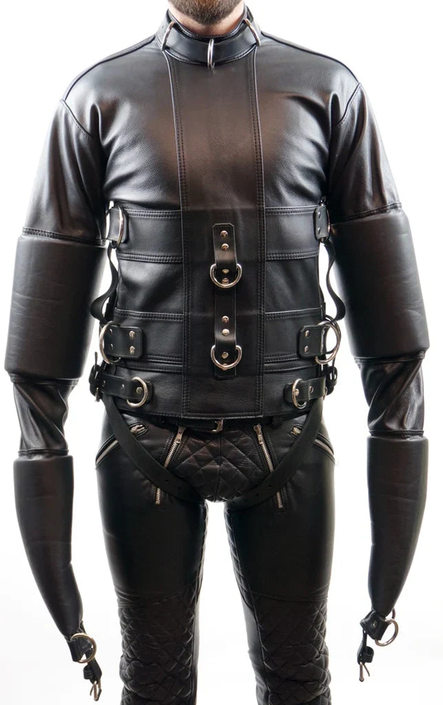 Black leather harness with intricate detailing on a white background