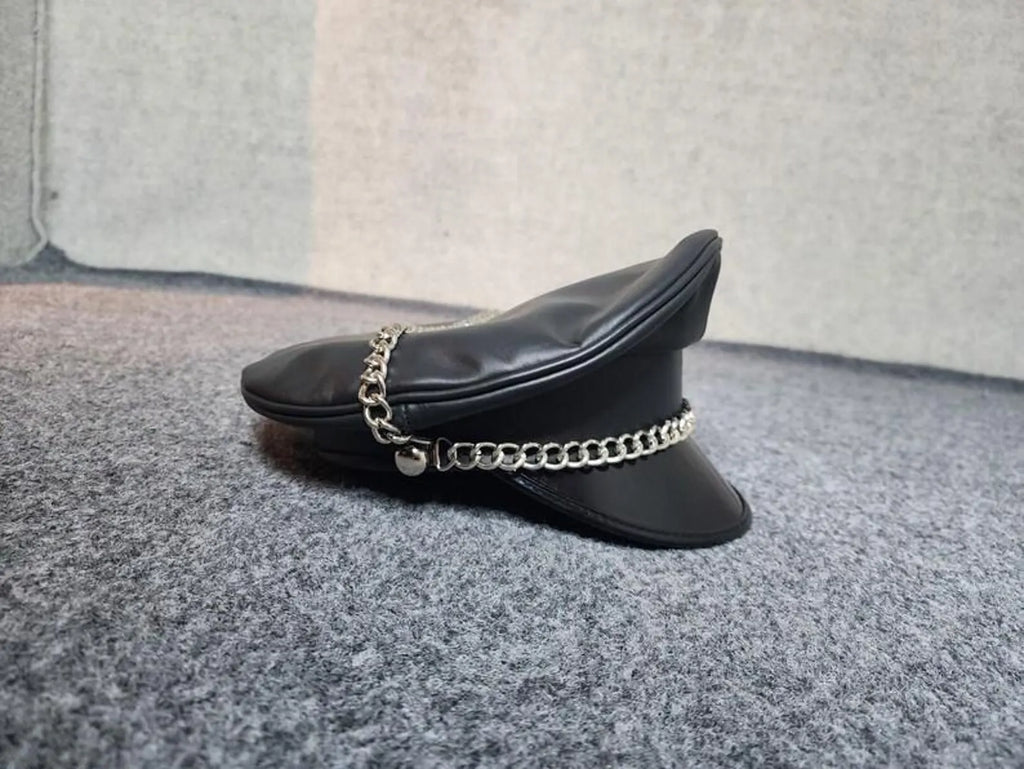 leather muir cap biker officer hat with chain, front view genuine leather