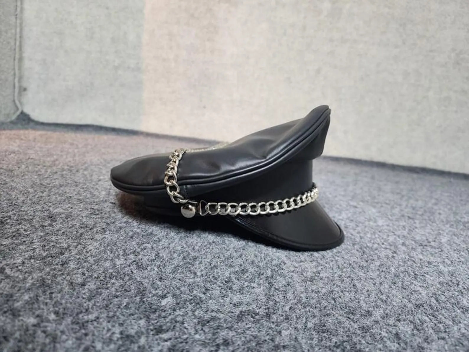 Leather Muir Cap – Biker Officer Hat with Chain