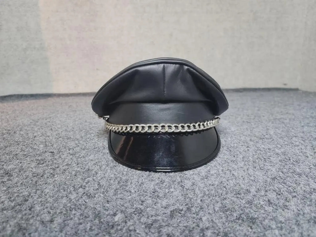 Leather Muir Cap – Biker Officer Hat with Chain