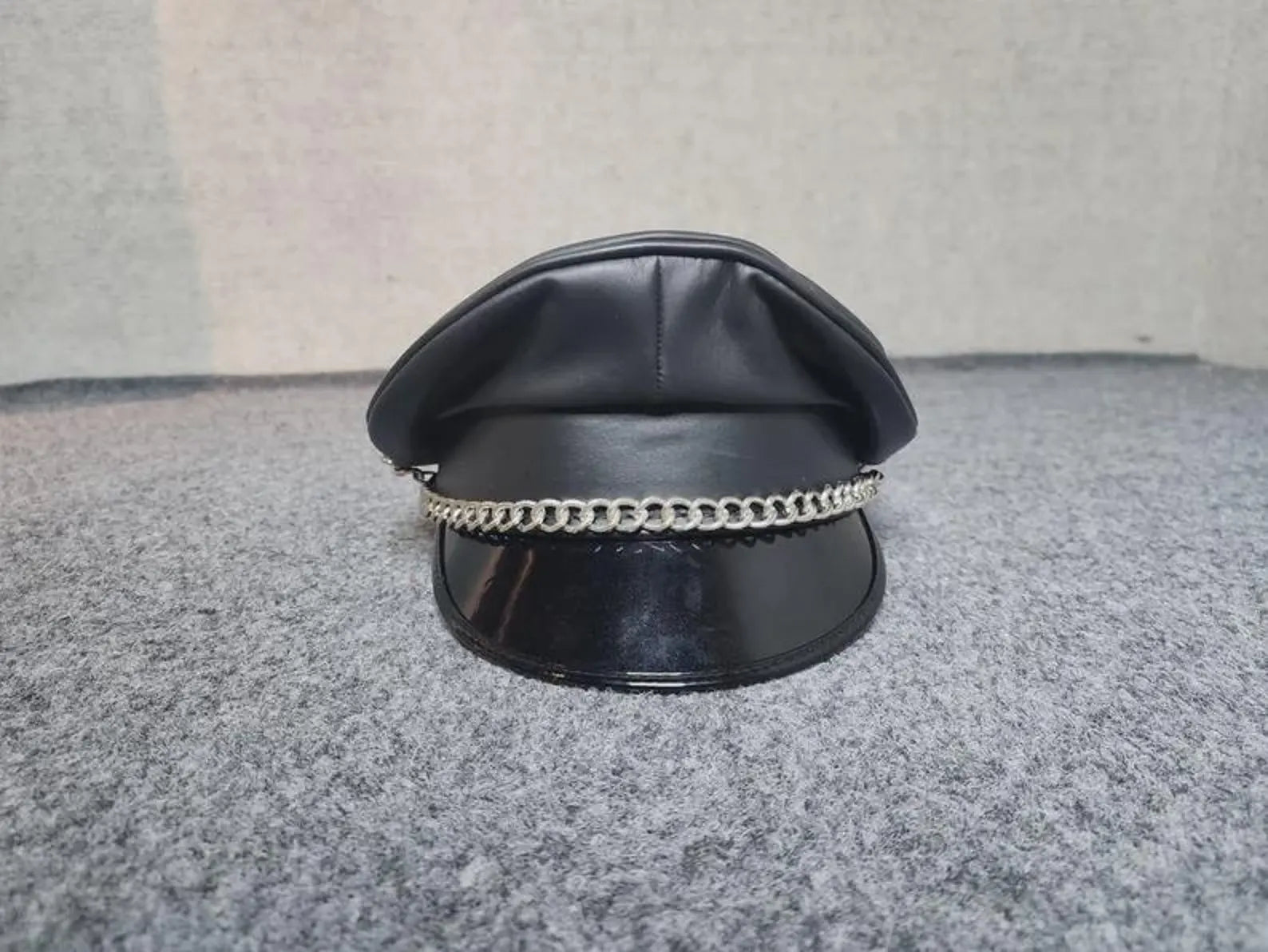 Leather Muir Cap – Biker Officer Hat with Chain