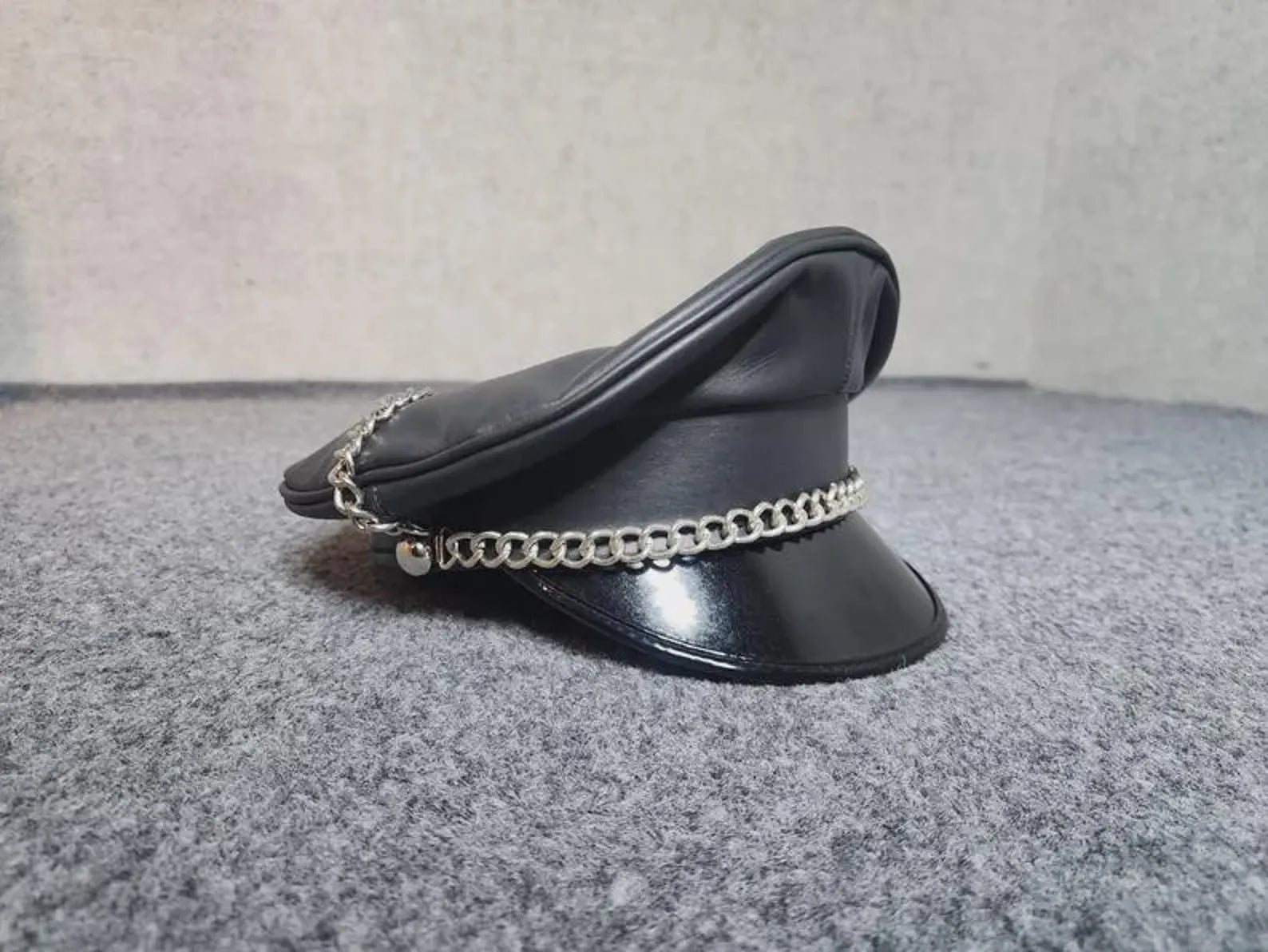 Leather Muir Cap – Biker Officer Hat with Chain