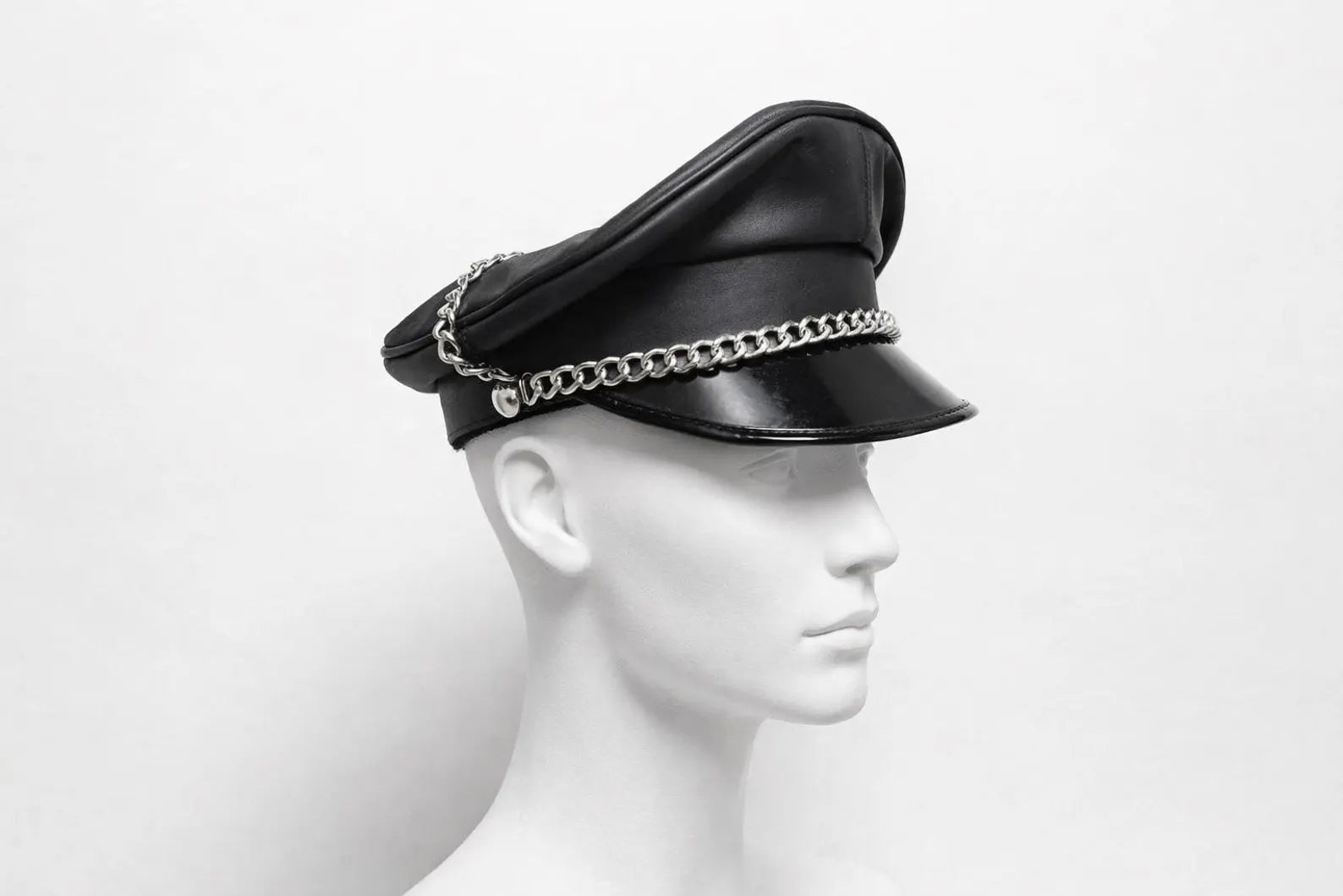 Leather Muir Cap – Biker Officer Hat with Chain