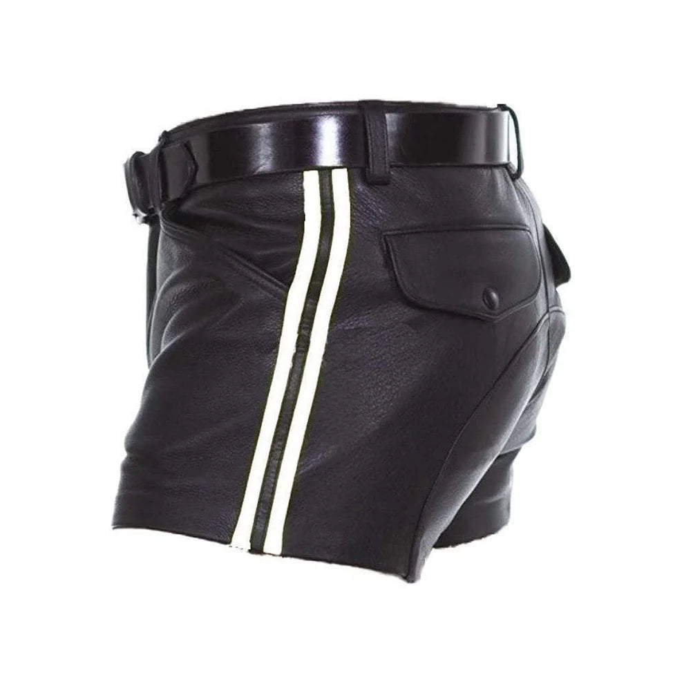 LeathericMen 502 Men’s Leather Shorts with Stripes – Premium Biker Style Casual Shorts