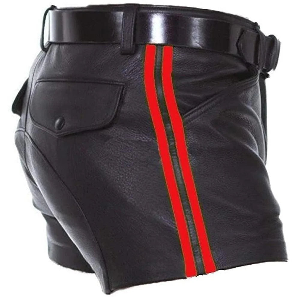 LeathericMen 502 Men’s Leather Shorts with Stripes – Premium Biker Style Casual Shorts