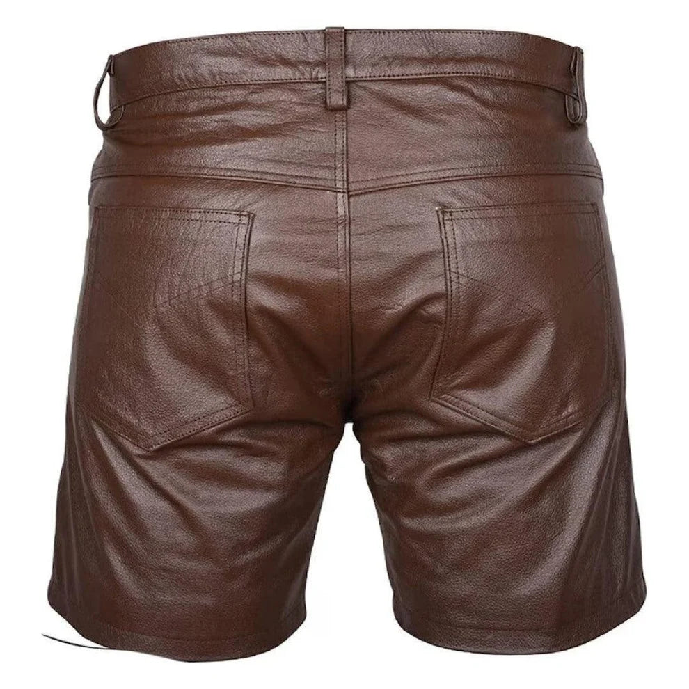 LeathericMen Classic Brown Biker Leather Shorts for Men – Genuine Sheep Leather Slim Fit