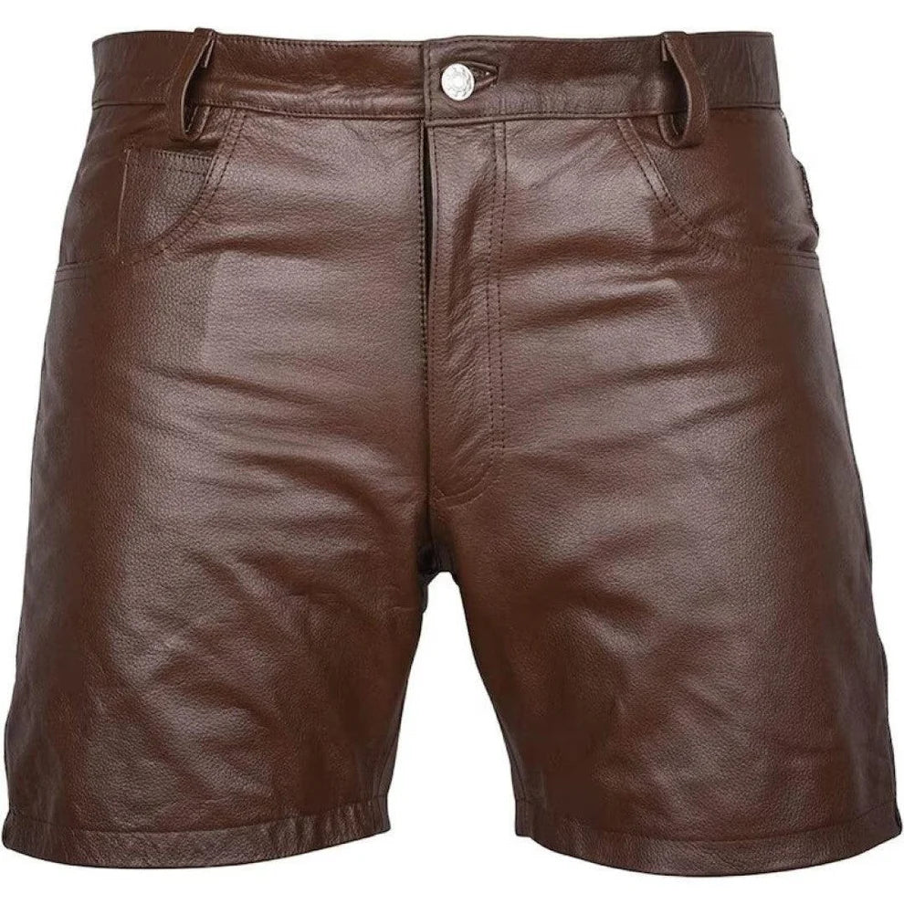 LeathericMen Classic Brown Biker Leather Shorts for Men – Genuine Sheep Leather Slim Fit