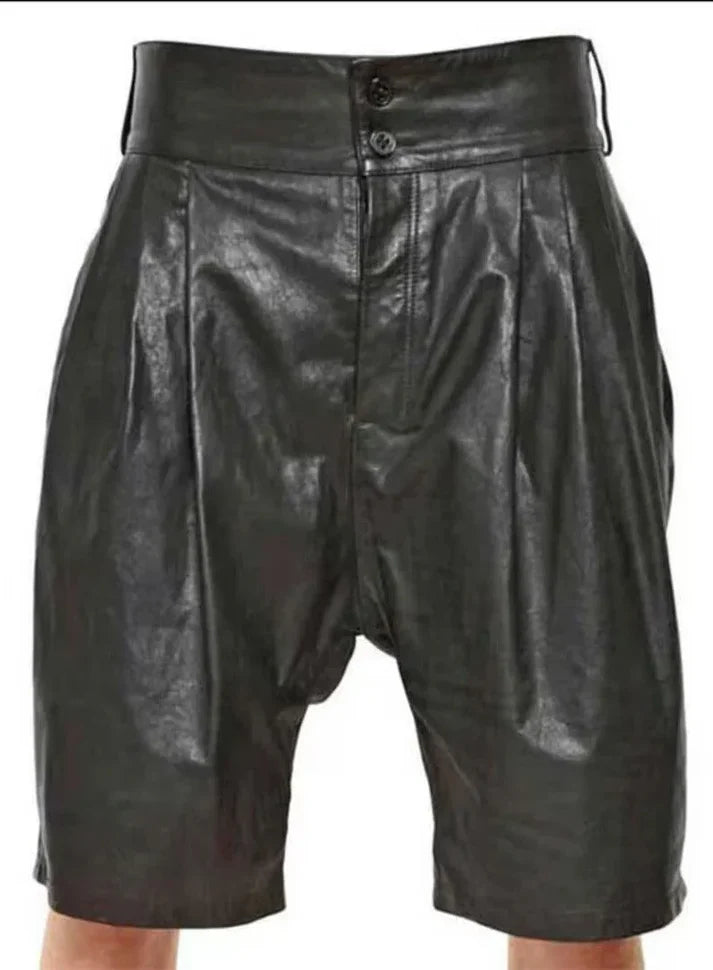 LeathericMen Classic Leather Shorts for Men with Belted Waist & Double Button Closure – Premium Lambskin