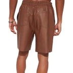LeathericMen High Quality Brown Leather Shorts for Men – Lambskin Hook & Loop Closure Slim Fit