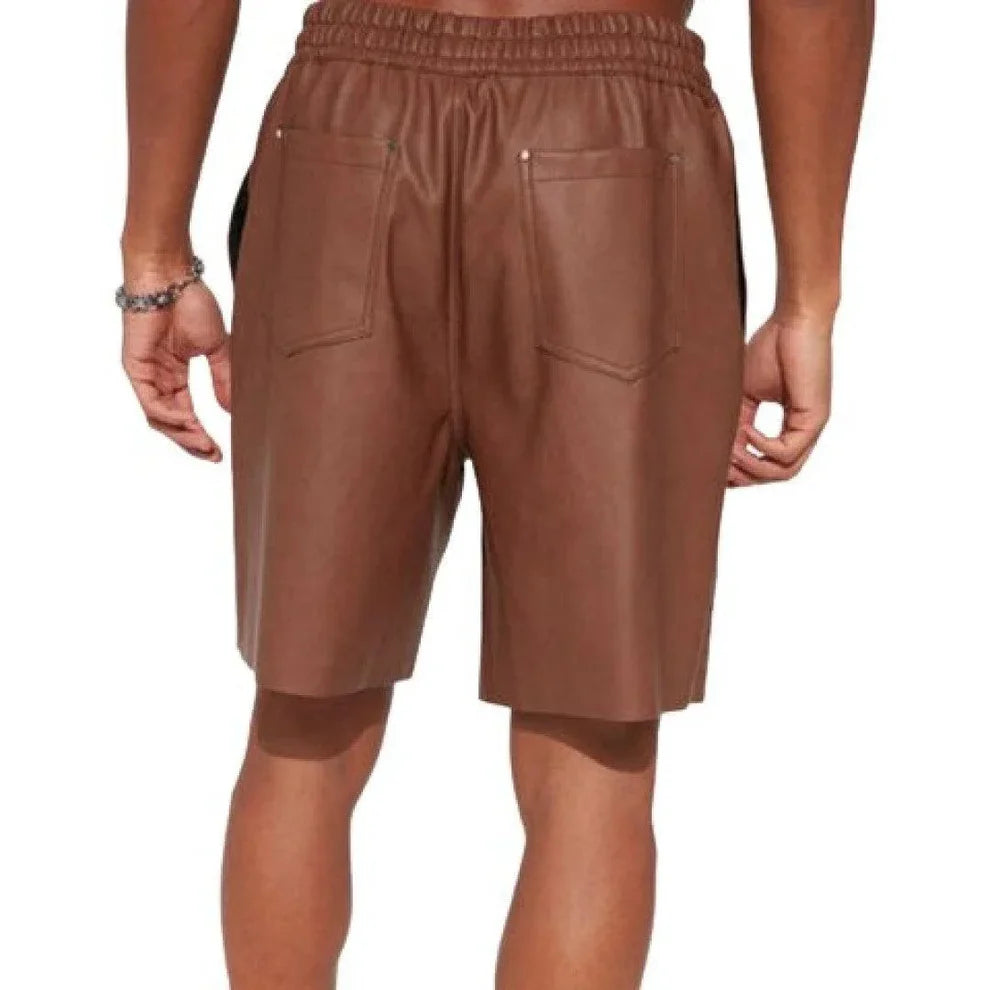 LeathericMen High Quality Brown Leather Shorts for Men – Lambskin Hook & Loop Closure Slim Fit