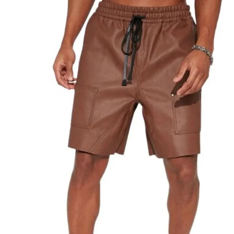 LeathericMen High Quality Brown Leather Shorts for Men – Lambskin Hook & Loop Closure Slim Fit