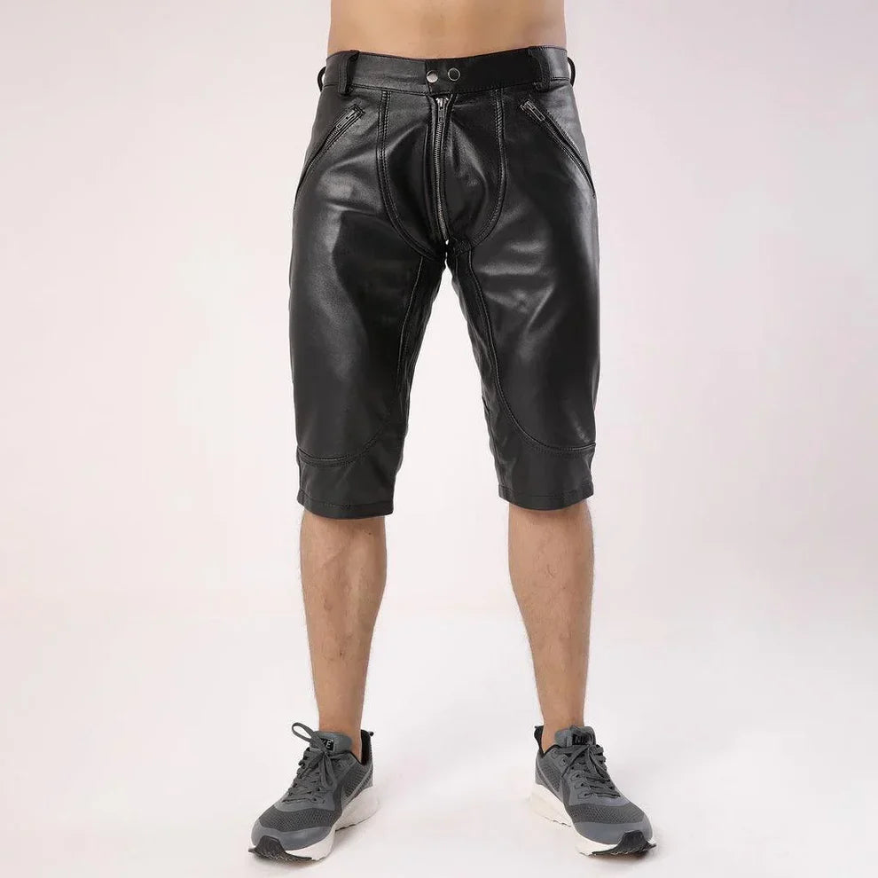 LeathericMen Men’s Full Back Zipper Leather Shorts – Premium Genuine Sheep Leather Slim Fit Shorts