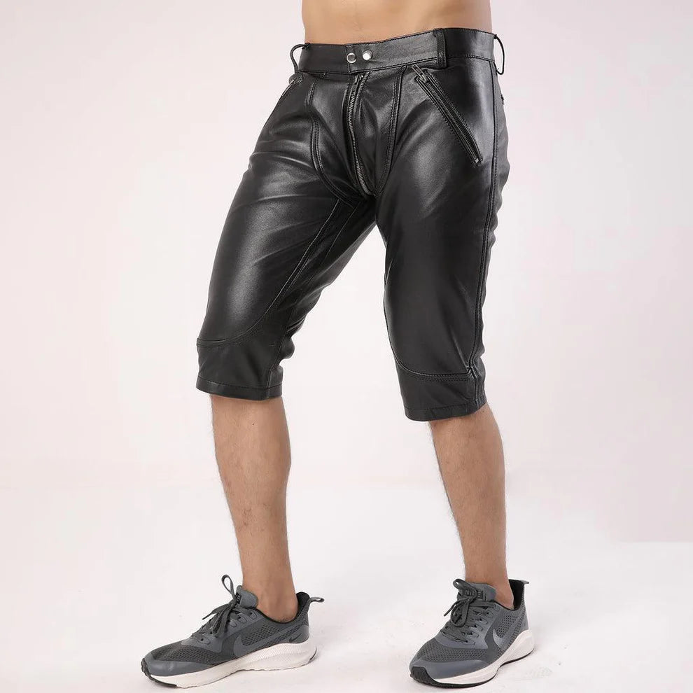 LeathericMen Men’s Full Back Zipper Leather Shorts – Premium Genuine Sheep Leather Slim Fit Shorts