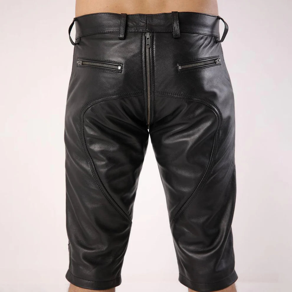 LeathericMen Men’s Full Back Zipper Leather Shorts – Premium Genuine Sheep Leather Slim Fit Shorts