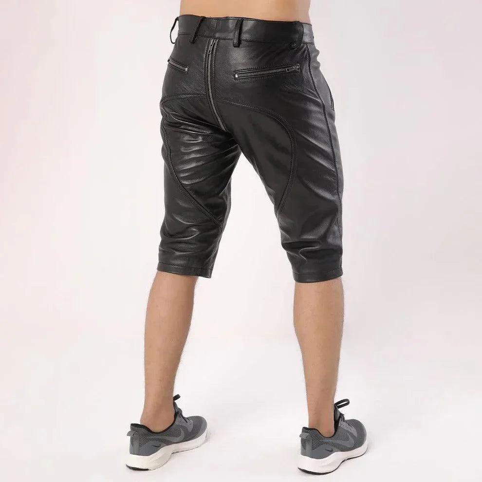 LeathericMen Men’s Full Back Zipper Leather Shorts – Premium Genuine Sheep Leather Slim Fit Shorts