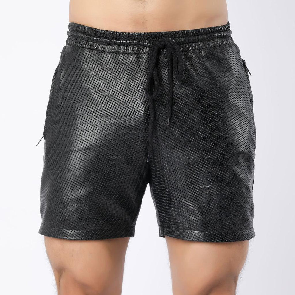 LeathericMen Men’s Perforated Leather Shorts – Dotted Genuine Leather Biker Summer Shorts