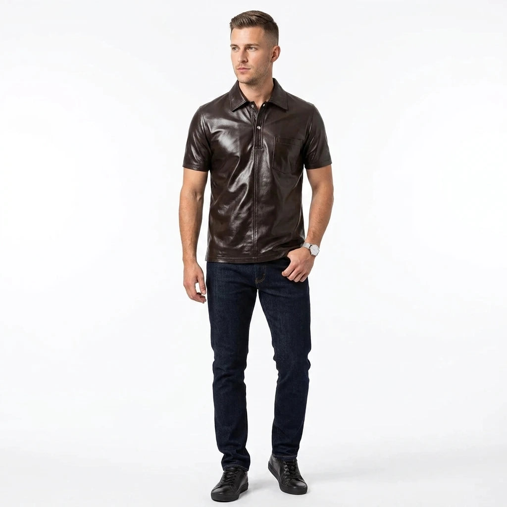 Police Style Leather Jacket with Yellow Linings | Men’s Genuine Leather Jacket