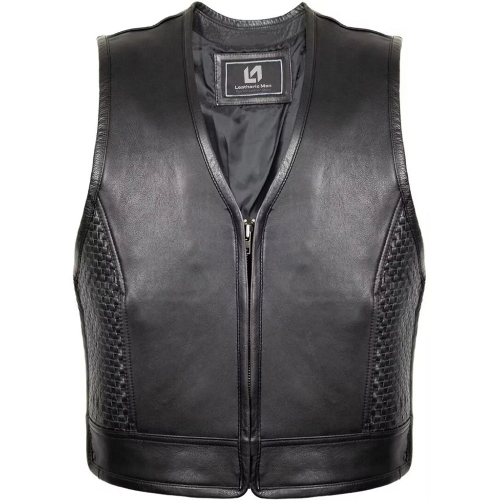 Men’s Biker Leather Vest with Expandable Zipper MDM9186 | Adjustable Motorcycle Vest