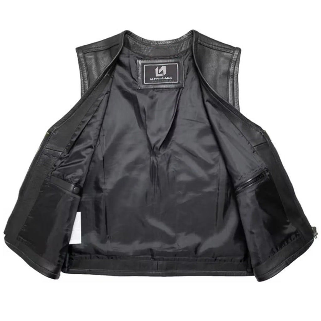 Men’s Biker Leather Vest with Expandable Zipper MDM9186 | Adjustable Motorcycle Vest