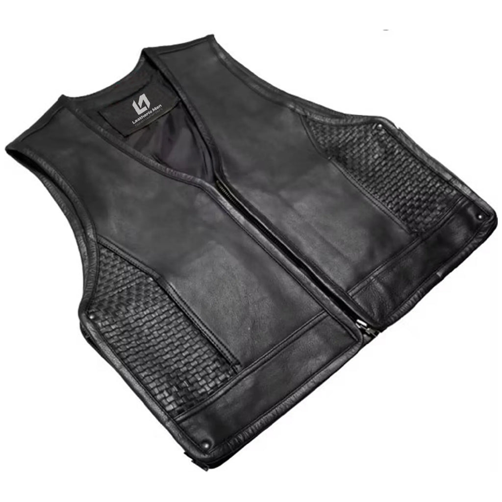 Men’s Biker Leather Vest with Expandable Zipper MDM9186 | Adjustable Motorcycle Vest