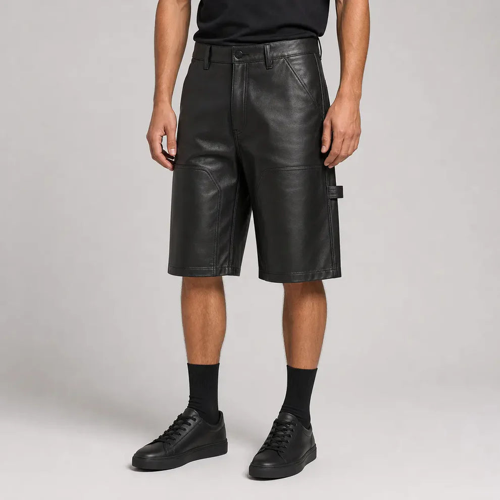 Men's Black Cow Leather Double-Knee Shorts