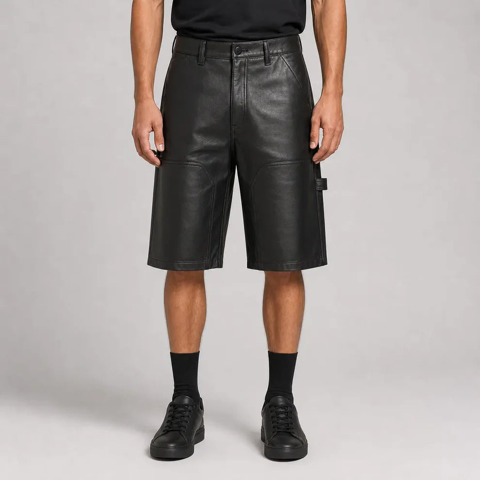 Men's Black Cow Leather Double-Knee Shorts