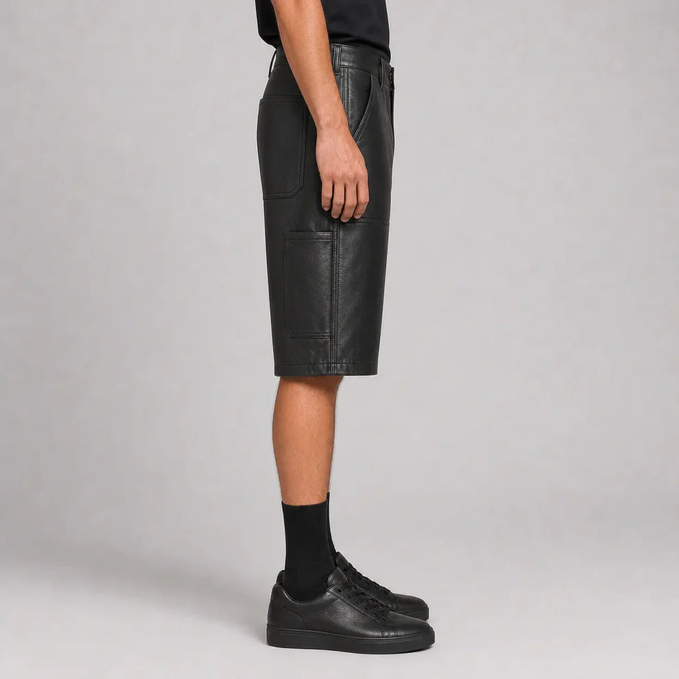 Men's Black Cow Leather Double-Knee Shorts